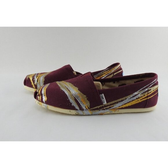 TOMS Women’s Alpargata Slip On Shoes Maroon Gold Silver Paint Stripe Canvas 7.5 - Picture 5 of 8